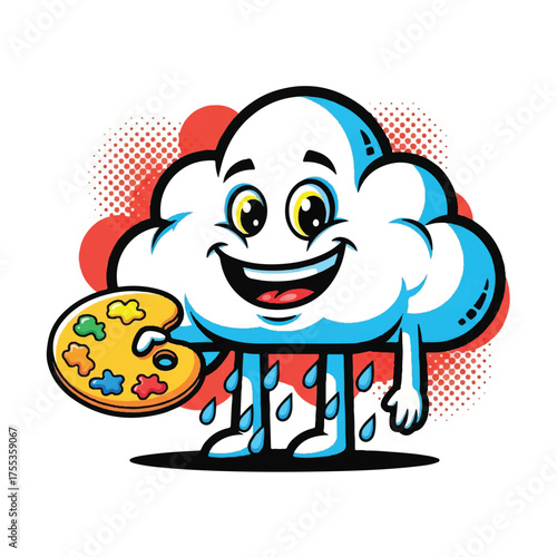 Creative cartoon cloud character holding a painters palette.