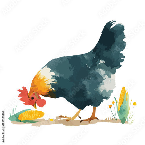 Watercolor Chicken Eating Corn on Farm Ground Illustration.