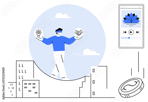 A person balancing lightbulb and handshake icons over cityscape, wearing VR headset. Floating smartphone and coin suggest digital connectivity. Ideal for technology, innovation, teamwork, balance