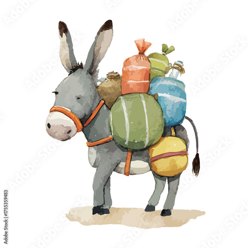Cute Watercolor Donkey Carrying Heavy Load Illustration.