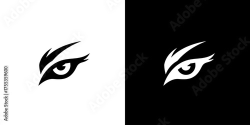 Stylized eye graphics in black and white on split