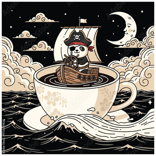 A whimsical panda pirate sails a tiny ship in a coffee cup.