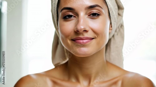 30 year old Caucasian woman in bathroom with a towel on her head. She stands relaxed, towel on head, in a softly lit bathroom space.