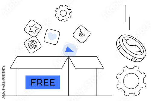 Open box marked free releasing digital icons thumbs up heart, globe, shopping cart with gears and coin nearby. Ideal for free access, online tools, creativity, innovation, digital solutions