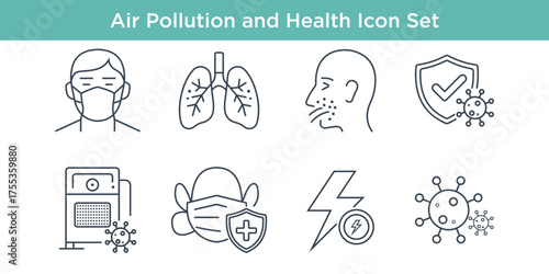 Air pollution and health line icon set: mask, lungs, virus, shield, air purifier, allergy and energy icons; clean outline medical vector for web, apps.