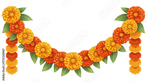 Marigold flower garland, realistic texture and color, traditional Indian decoration for Diwali, 