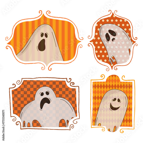 Ghosts cute portraits. Cute halloween frames. Vector illustration for packaging design, party decorations, invitations, greeting cards.