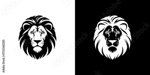Black and white lion head illustrations on