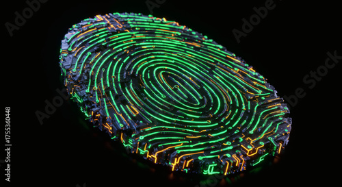 Digital fingerprint identification with glowing green and orange lines on a dark background, representing biometric security and technology