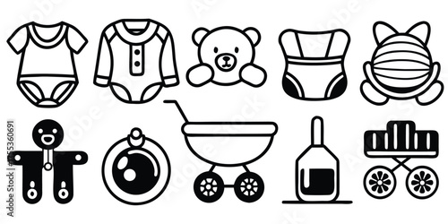 Collection of hand drawn baby items including clothing toys and accessories on white background