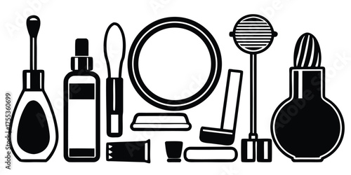 Collection of elegant black and white cosmetic products and makeup accessories arranged artfully