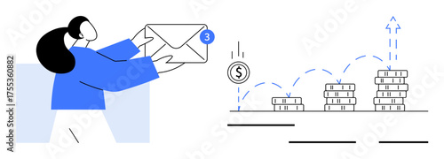 Woman holding envelope with notification, coins stacked in increasing steps, and arrow indicating upward progress. Ideal for communication, finance, investment, savings, business, growth