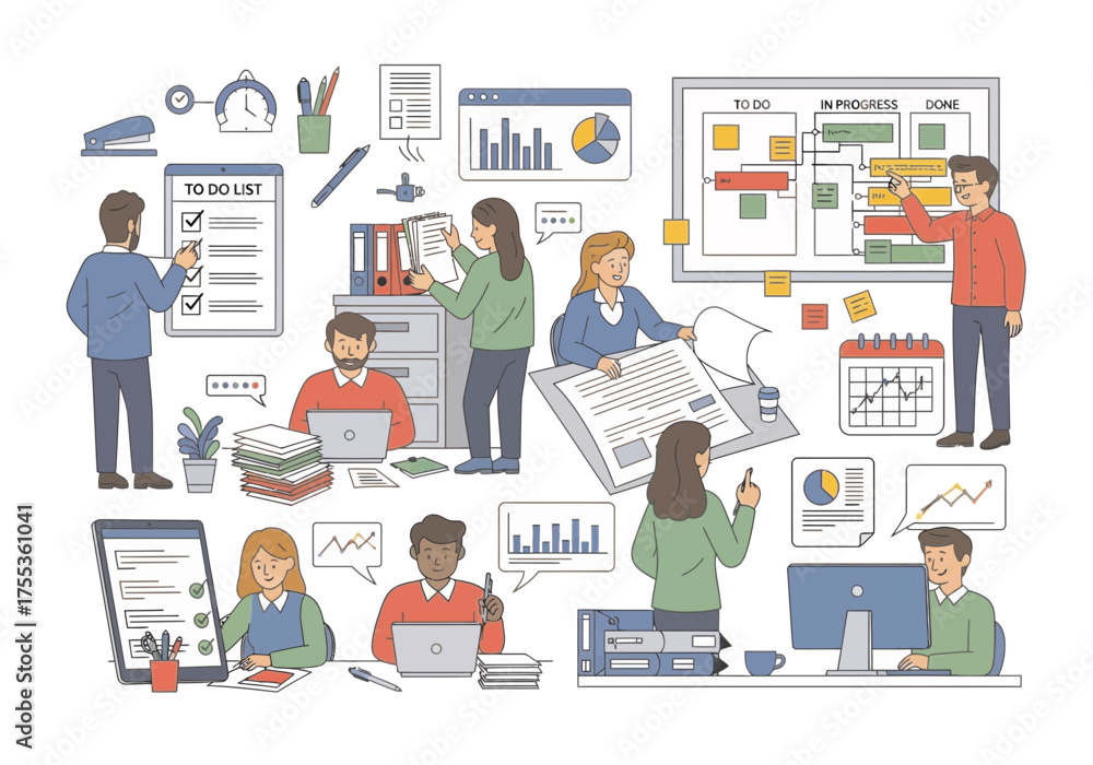 Fototapeta premium Diverse group of people engaging in various activities illustrations