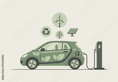 Electric vehicle charging illustration smart car green energy technology