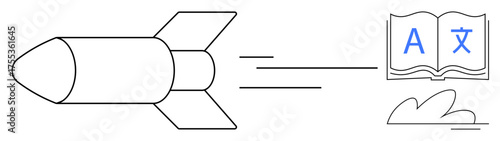 Flying rocket headed toward an open language book with letters, suggesting fast learning, knowledge transfer, or innovation. Ideal for education, technology, creativity, progress, speed growth
