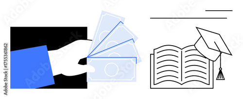 Hand holding cash beside open book with graduation cap. Ideal for education funding, scholarship, learning support, tuition costs, financial aid, academic growth, simple flat metaphor