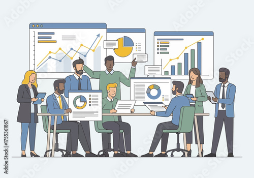 Team of diverse people collaborating on a presentation displaying data and information