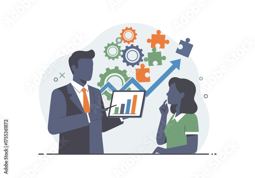 Teamwork concept with figures interacting and connecting elements