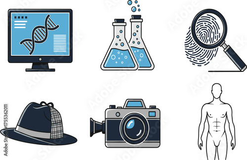 Forensic Investigation and Detective Flat Icons Set with DNA Screen, Lab Glassware, and Magnifying Fingerprint.