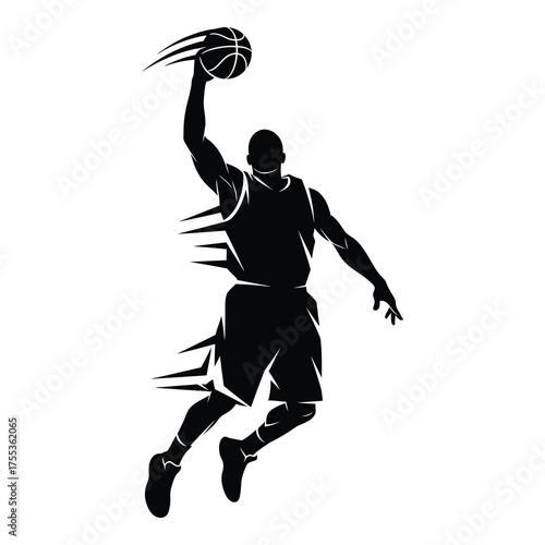 Dynamic basketball player silhouette soaring for a slam dunk, embodying power and athleticism on the court with impactful movement lines