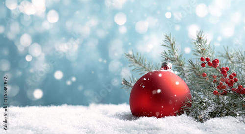 Red Christmas Ornament with 'Merry Christmas' on Snowy Background.