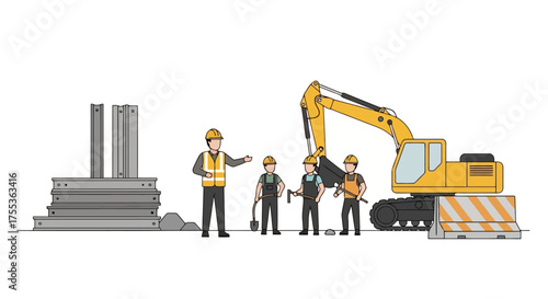 Construction site illustration featuring a team of workers, excavator, and building materials, perfect for illustrating construction processes and teamwork