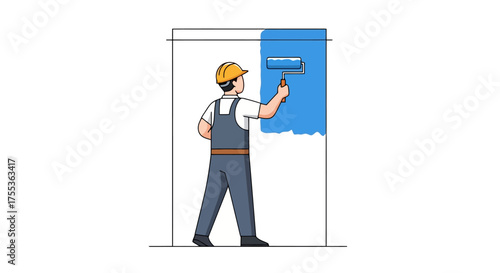Cartoon Illustration of a Construction Worker Painting a Wall with a Roller, Ideal for Home Improvement, Renovation Projects, or Construction-Themed Educational Materials