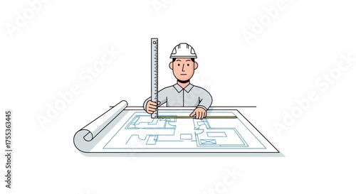Architectural draftsman meticulously reviewing blueprints for building construction and renovation projects, suitable for illustrating architectural design, engineering, and construction planning.