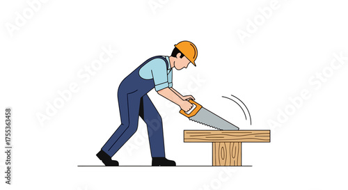 Cartoon Illustration of a Construction Worker Sawing Wood for DIY Projects, Carpentry Tasks, or Demonstrating Construction Techniques in Educational Materials.