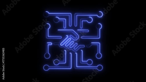 Blue Neon Circuit Board Handshake Icon on Black Background agreement partnership