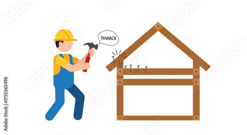 Cartoon Construction Worker Building a Wooden Frame House with a Hammer, Ideal for DIY Home Improvement Guides and Educational Construction Manuals