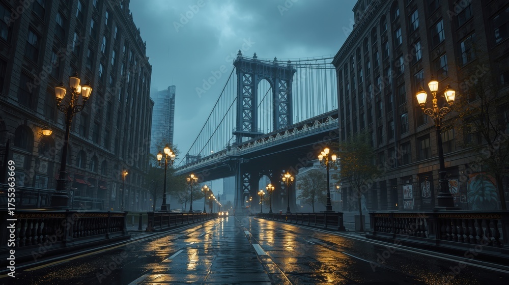 Obraz premium A Gloomy Urban Landscape Featuring an Iconic Bridge Illuminated by Streetlights under a Cloudy Sky