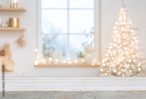 Christmas Background With Empty Wooden Table and Christmas Tree.