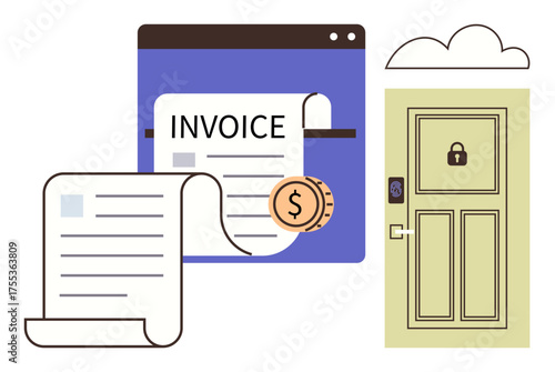 Digital invoice with dollar coin on a browser, adjacent to a secure locked door with keyless system. Ideal for finance, cybersecurity, fintech, digital payment, online transaction, data security