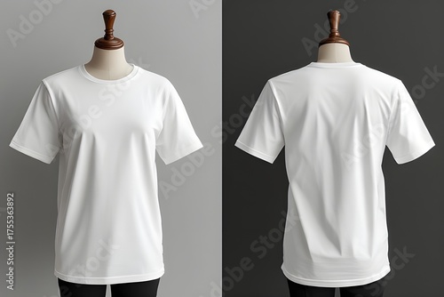 White T-shirt mockup on a mannequin, front and back view, blank apparel for design
