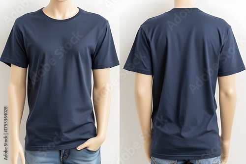 Men's casual dark blue t-shirt mockup, front and back views
