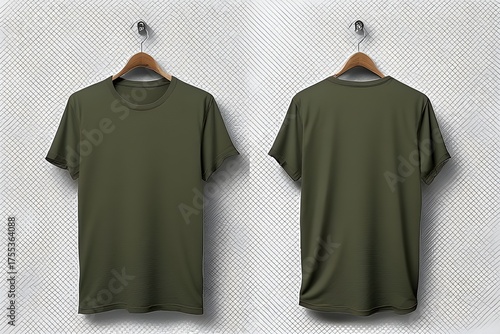 Olive green t-shirt mockup featuring front and back views on a clean background