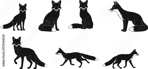 Fox silhouette, sitting fox, standing fox, walking fox, wildlife vector, forest animal, hunting design, nature illustration, wild mammal, animal pose art