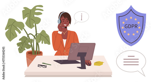 Professional at desk with headset, interacting via computer. GDPR badge in view. Ideal for data privacy, compliance, customer support, information security, teamwork, professionalism simple flat