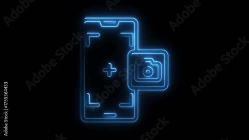 Blue Neon Smartphone Camera Icon on Black Background mobile phone photography