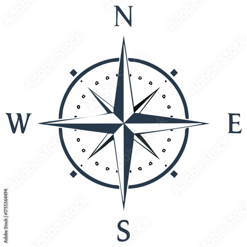 Navigational compass rose pointing north south east and west for direction finding