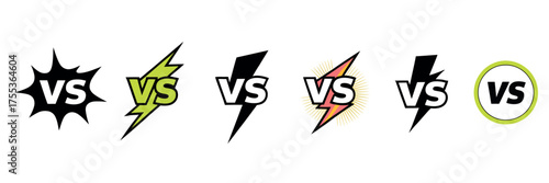 Vector collection of six different VS or versus letter logos. Icons for competition, battle, challenge, and comparison concepts in a dynamic comic book style