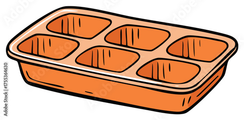Empty orange plastic food tray with six compartments cartoon illustration