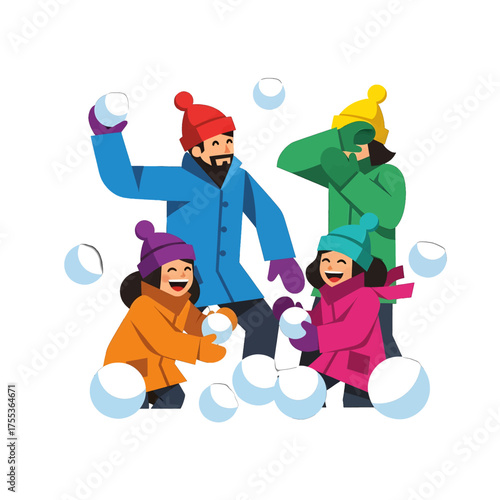 Family Playing Snowballs Winter Activity in Colorful Coats and Hats Against a Plain Background Togetherness and Joyful Outdoor Fun