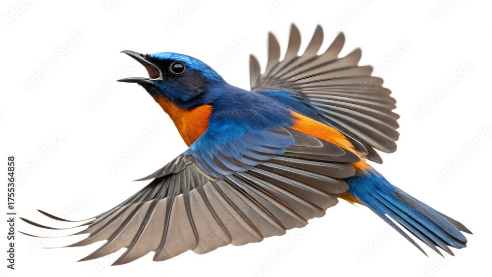 Fototapeta premium Beautiful Rufous Bellied Niltava Bird in Mid Air Showing Brightly Colored Plumage and Wings Spread