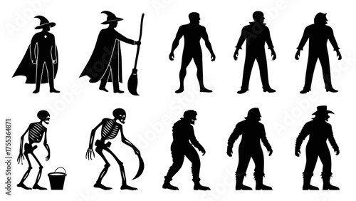 Halloween monsters silhouettes set. Witch, zombie, Dracula vampire and werewolf. Skeleton, mummy, ghost and Frankenstein monster. Cartoon characters flat illustrations