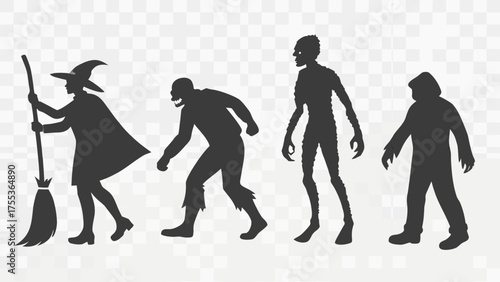 Halloween monsters silhouettes set. Witch, zombie, Dracula vampire and werewolf. Skeleton, mummy, ghost and Frankenstein monster. Cartoon characters flat illustrations