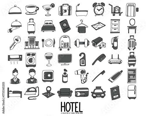Hotel Related Doodle vector icon set. Drawing sketch illustration hand drawn line eps10