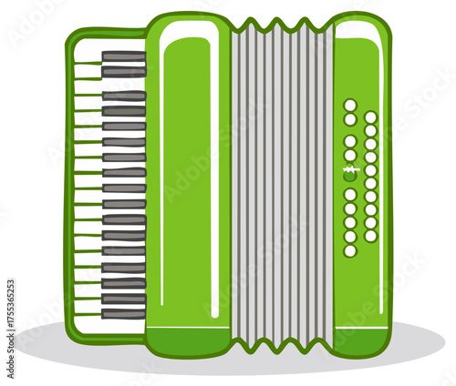 Green accordion musical instrument with piano keys and buttons