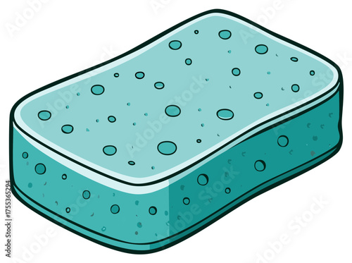 Vibrant blue green rectangular cleaning sponge with visible pores and textured surface cartoon illustration